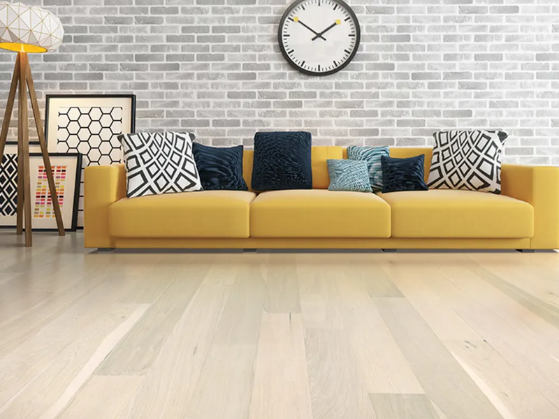 Hardwood flooring in a bright and modern kitchen